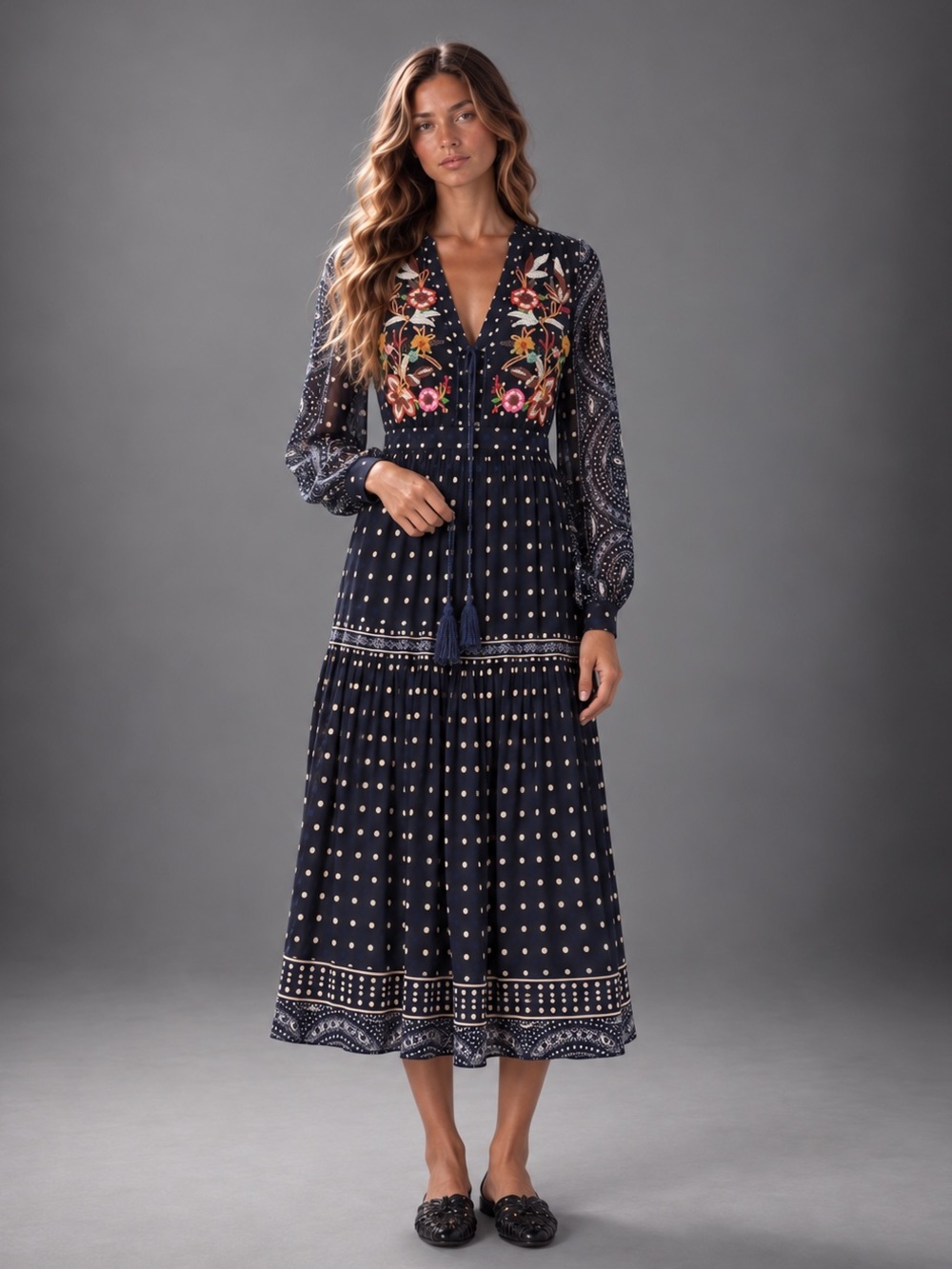 Anthropologie Rare Embroidered Polka Dot Boho Midi Dress Navy Size 4